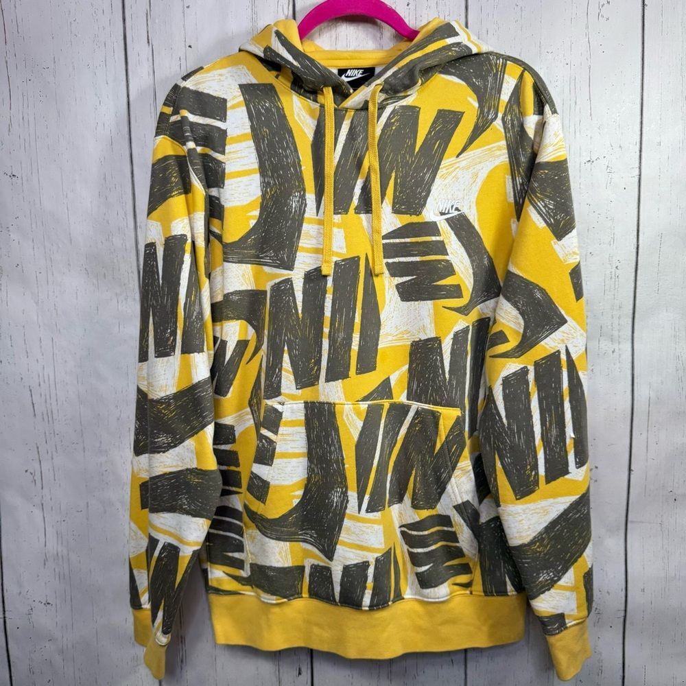 Nike Mens Yellow Graphic Hoodie Streetwear Bold All Over Print Y2K Sporty Skater
